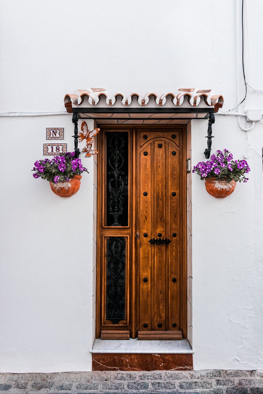 brown wooden door beside two purple petaled flowers